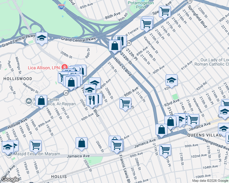 map of restaurants, bars, coffee shops, grocery stores, and more near 89-38 210th Street in Queens