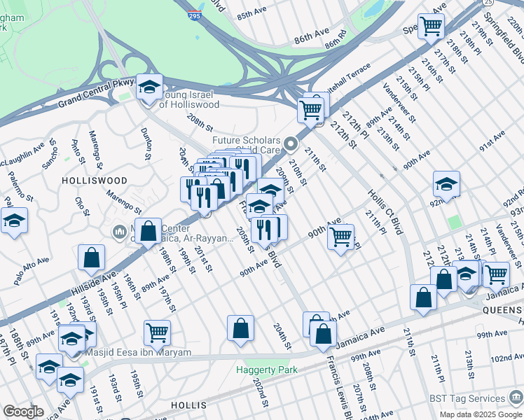 map of restaurants, bars, coffee shops, grocery stores, and more near 88-40 207th Street in Queens