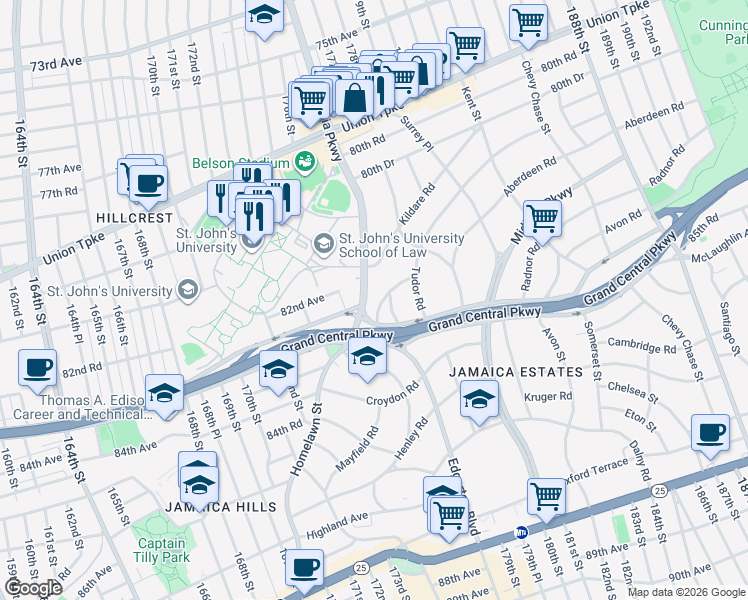 map of restaurants, bars, coffee shops, grocery stores, and more near 31 Edgerton Road in Queens