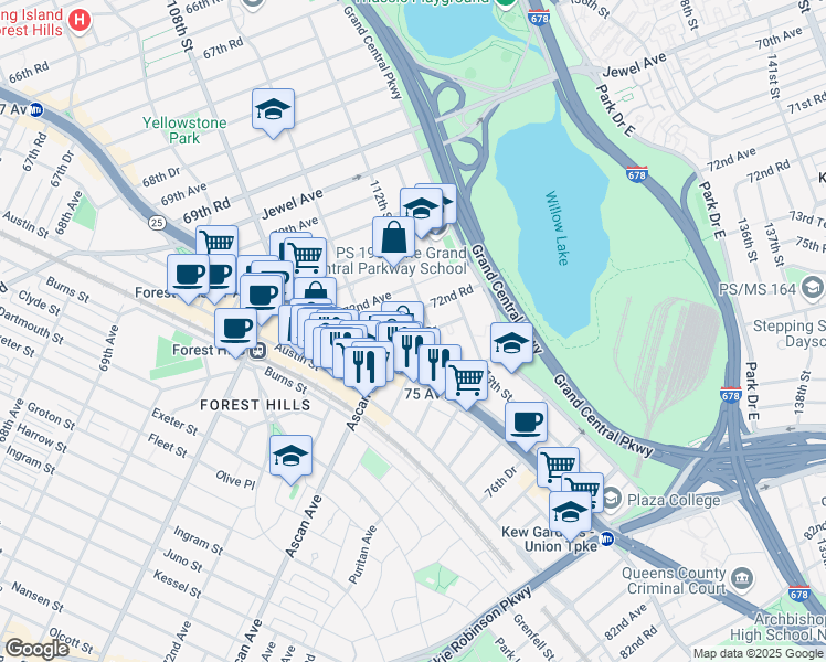 map of restaurants, bars, coffee shops, grocery stores, and more near 110-42 72nd Road in Queens