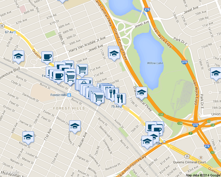 map of restaurants, bars, coffee shops, grocery stores, and more near 110-42 72nd Road in Queens