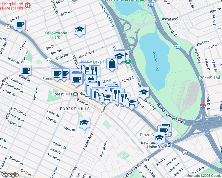 map of restaurants, bars, coffee shops, grocery stores, and more near 110-42 72nd Road in Queens