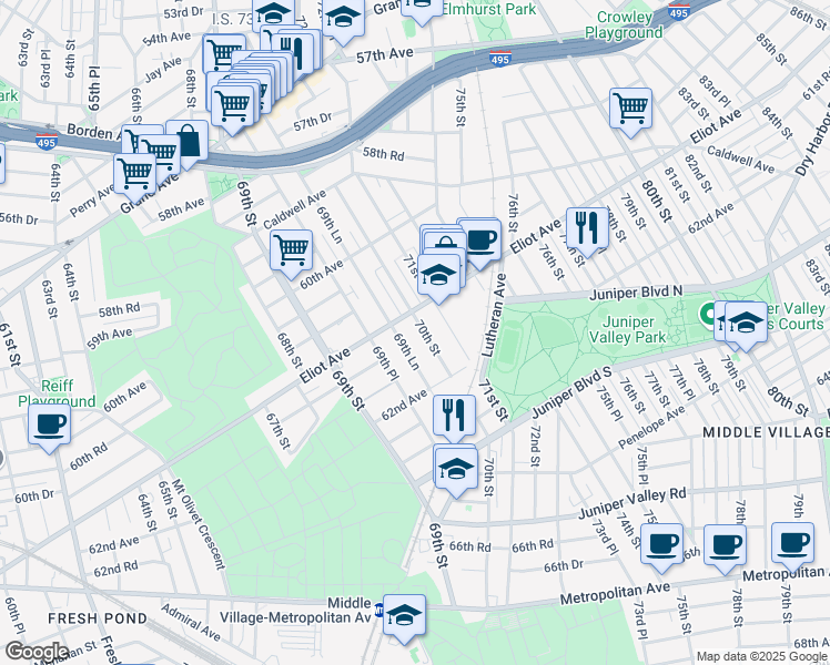 map of restaurants, bars, coffee shops, grocery stores, and more near 69-76 Eliot Avenue in Queens
