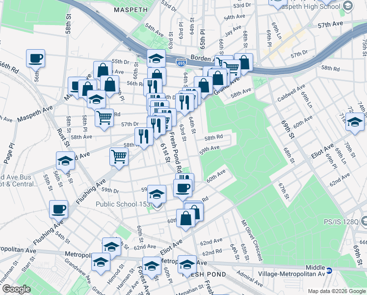 map of restaurants, bars, coffee shops, grocery stores, and more near 58-16 63rd Street in Queens