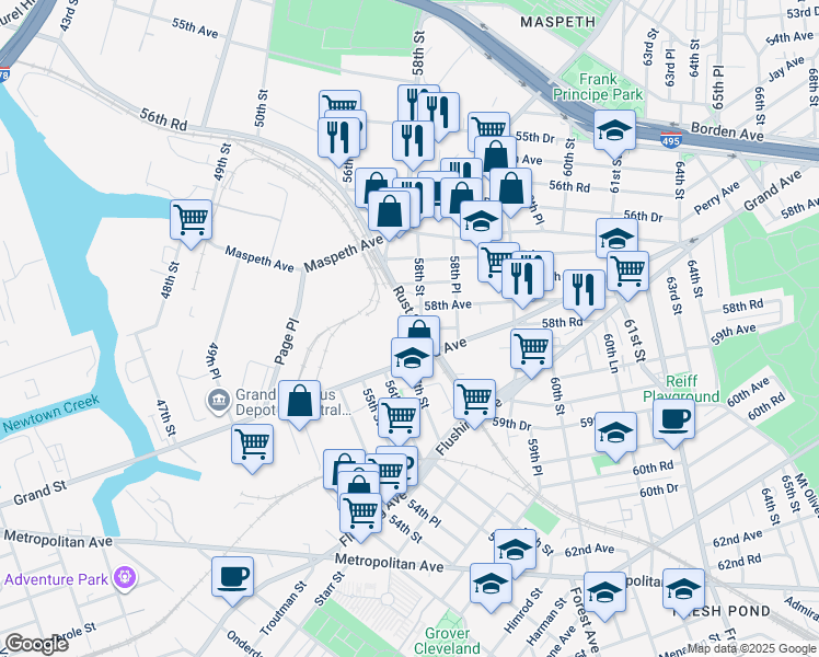map of restaurants, bars, coffee shops, grocery stores, and more near 4841 Rust Street in Queens