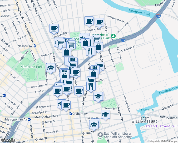 map of restaurants, bars, coffee shops, grocery stores, and more near 117 Kingsland Avenue in Brooklyn