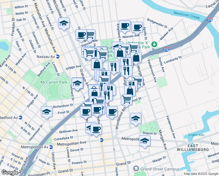 map of restaurants, bars, coffee shops, grocery stores, and more near 71 Herbert Street in Brooklyn