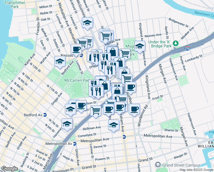 map of restaurants, bars, coffee shops, grocery stores, and more near 132 Newton Street in Brooklyn