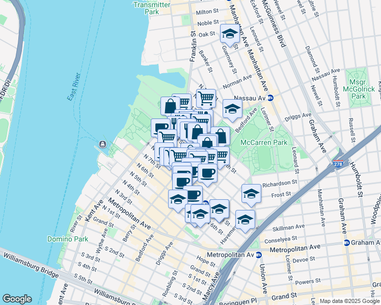 map of restaurants, bars, coffee shops, grocery stores, and more near 111 North 10th Street in Brooklyn