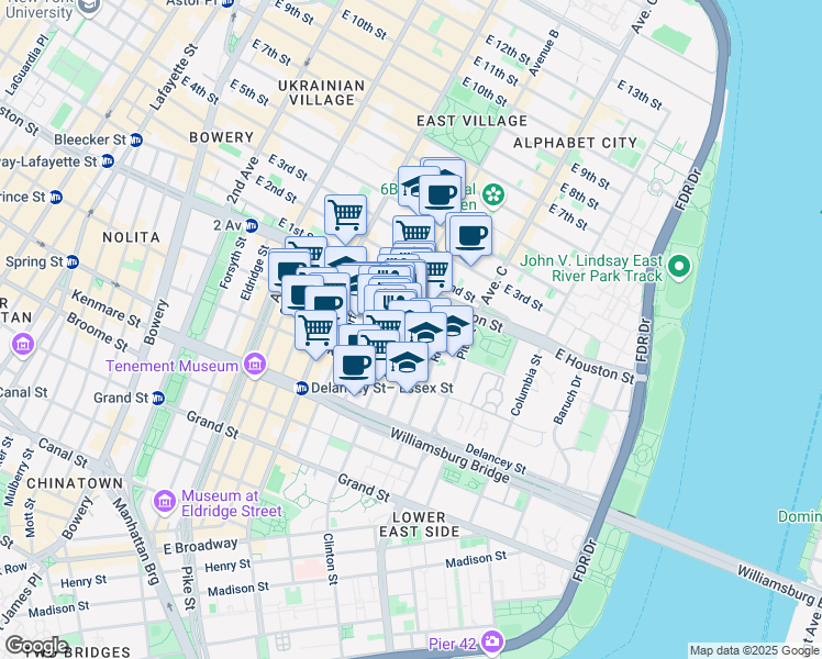 map of restaurants, bars, coffee shops, grocery stores, and more near 25 Clinton Street in New York
