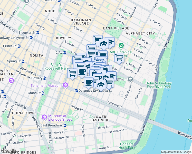 map of restaurants, bars, coffee shops, grocery stores, and more near 159 Stanton Street in New York