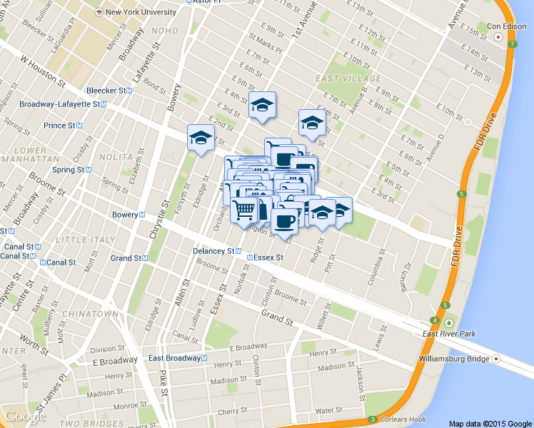 map of restaurants, bars, coffee shops, grocery stores, and more near 138 Stanton Street in New York