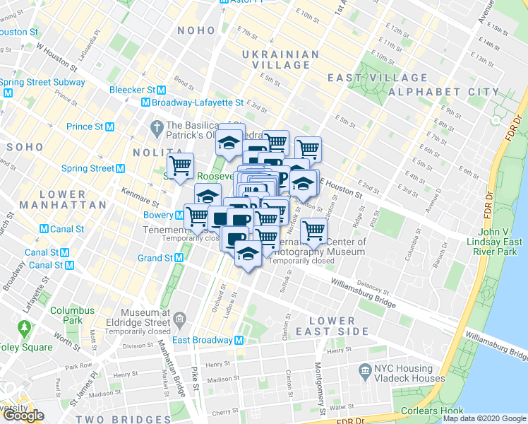map of restaurants, bars, coffee shops, grocery stores, and more near 143 Ludlow Street in New York