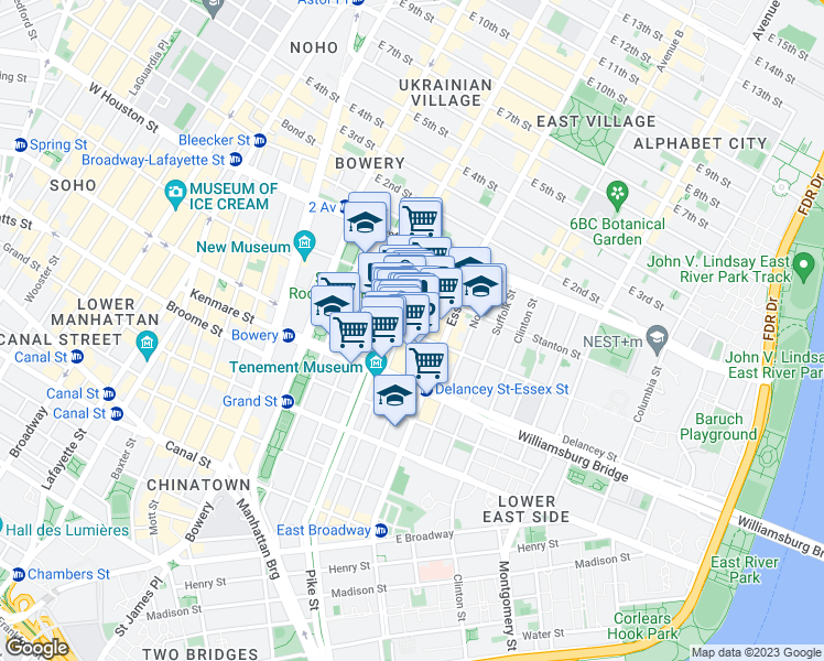 map of restaurants, bars, coffee shops, grocery stores, and more near 143 Ludlow Street in New York
