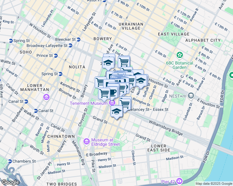 map of restaurants, bars, coffee shops, grocery stores, and more near 143 Ludlow Street in New York