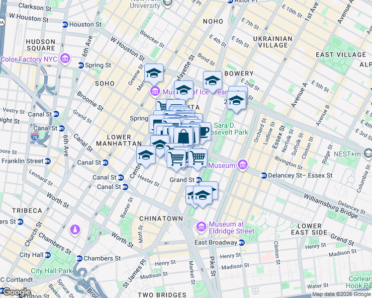 map of restaurants, bars, coffee shops, grocery stores, and more near 152 Elizabeth Street in New York