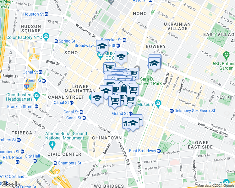 map of restaurants, bars, coffee shops, grocery stores, and more near 25 Kenmare Street in New York