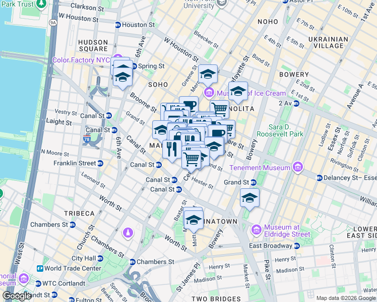 map of restaurants, bars, coffee shops, grocery stores, and more near 138 Grand Street in New York