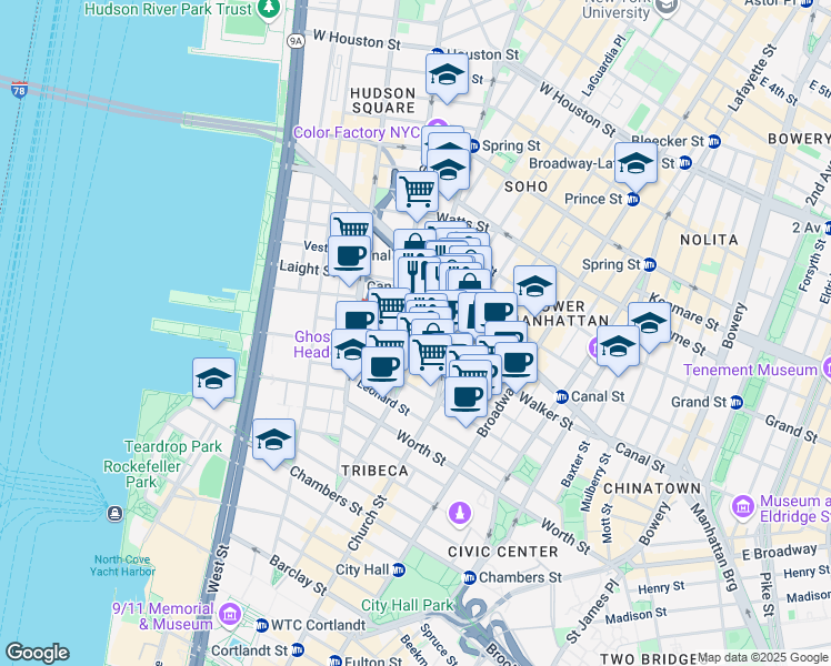 map of restaurants, bars, coffee shops, grocery stores, and more near 47 6th Avenue in New York