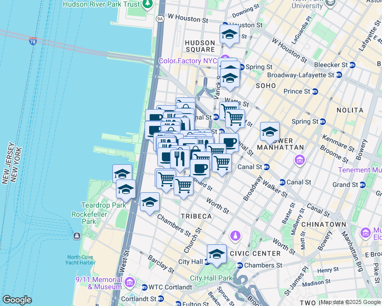 map of restaurants, bars, coffee shops, grocery stores, and more near 129w Hudson Street in New York