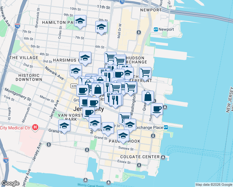 map of restaurants, bars, coffee shops, grocery stores, and more near 124 Bay Street in Jersey City