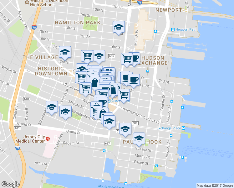 map of restaurants, bars, coffee shops, grocery stores, and more near 343 Marin Boulevard in Jersey City