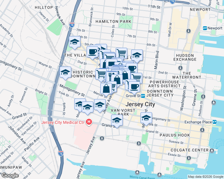 map of restaurants, bars, coffee shops, grocery stores, and more near 116 Wayne Street in Jersey City