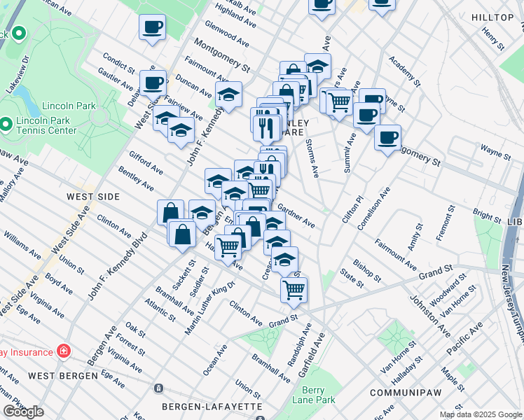 map of restaurants, bars, coffee shops, grocery stores, and more near 100 Belmont Avenue in Jersey City