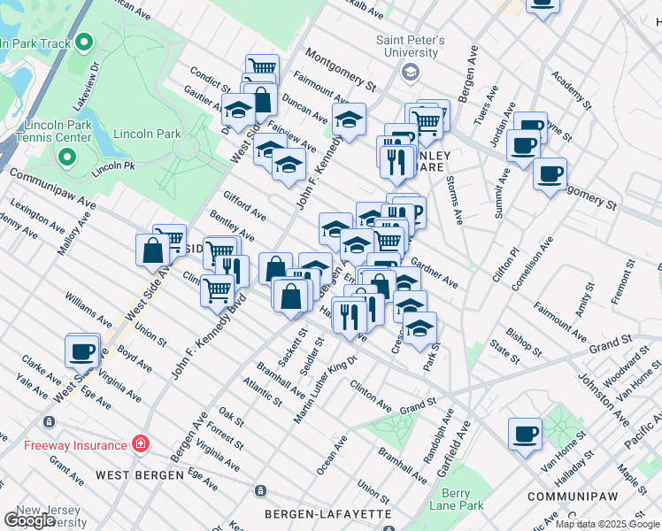 map of restaurants, bars, coffee shops, grocery stores, and more near 17 Gifford Avenue in Jersey City