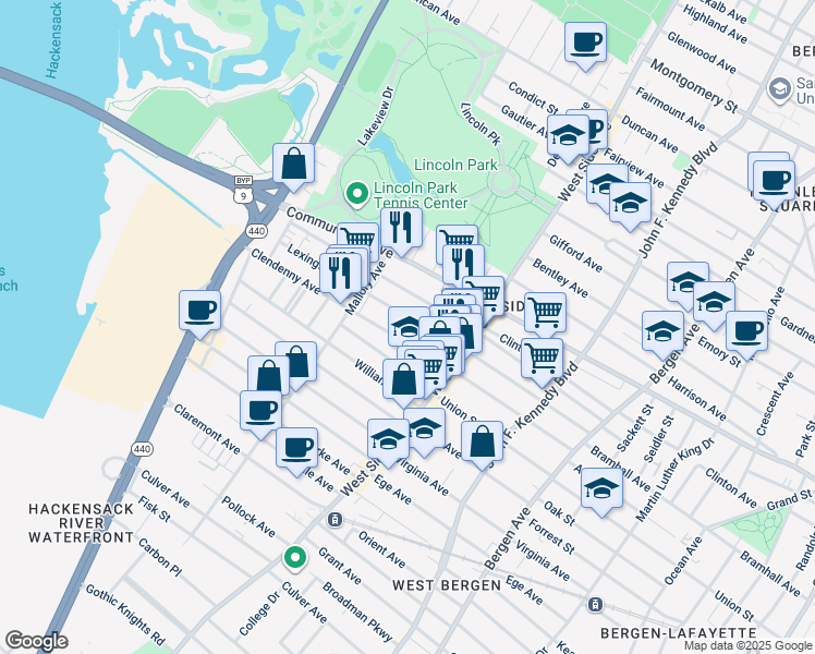 map of restaurants, bars, coffee shops, grocery stores, and more near 189 Lexington Avenue in Jersey City