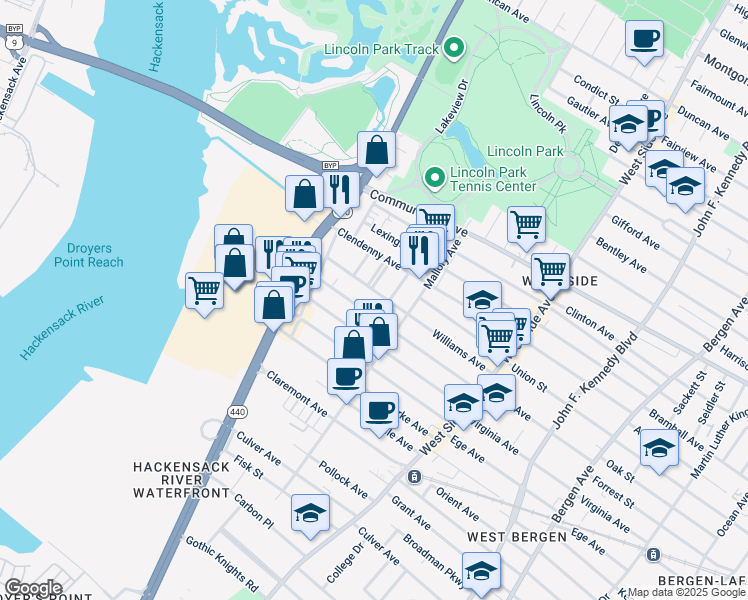 map of restaurants, bars, coffee shops, grocery stores, and more near 131 Williams Avenue in Jersey City