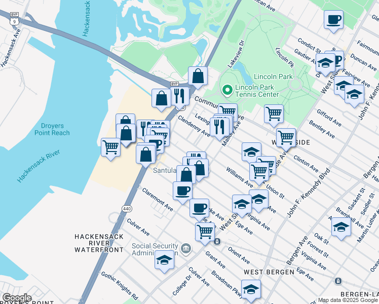 map of restaurants, bars, coffee shops, grocery stores, and more near 131 Williams Avenue in Jersey City