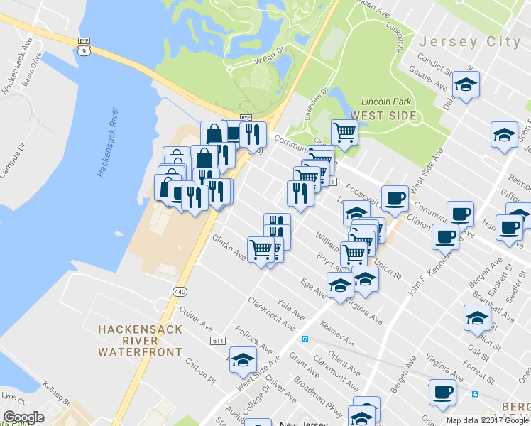 map of restaurants, bars, coffee shops, grocery stores, and more near 131 Williams Avenue in Jersey City