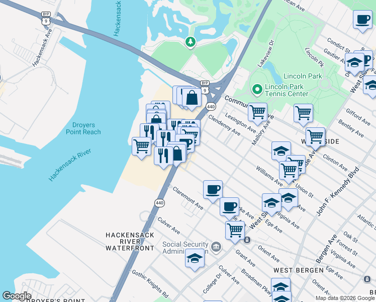 map of restaurants, bars, coffee shops, grocery stores, and more near 694 Virginia Avenue in Jersey City