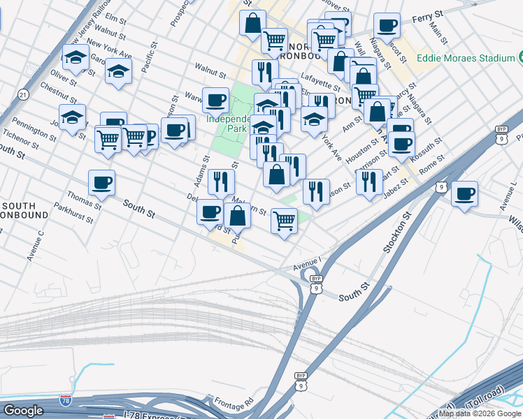 map of restaurants, bars, coffee shops, grocery stores, and more near 407 Chestnut Street in Newark
