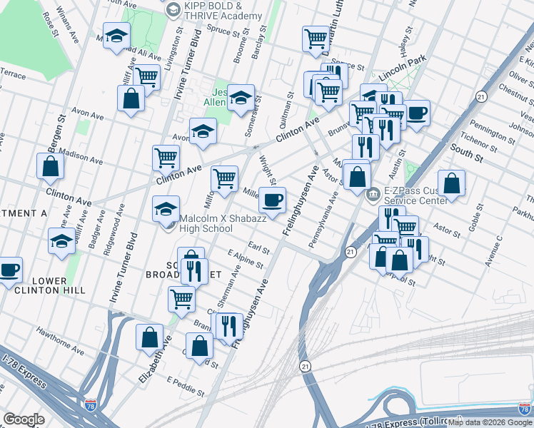 map of restaurants, bars, coffee shops, grocery stores, and more near 137-143 Sherman Avenue in Newark