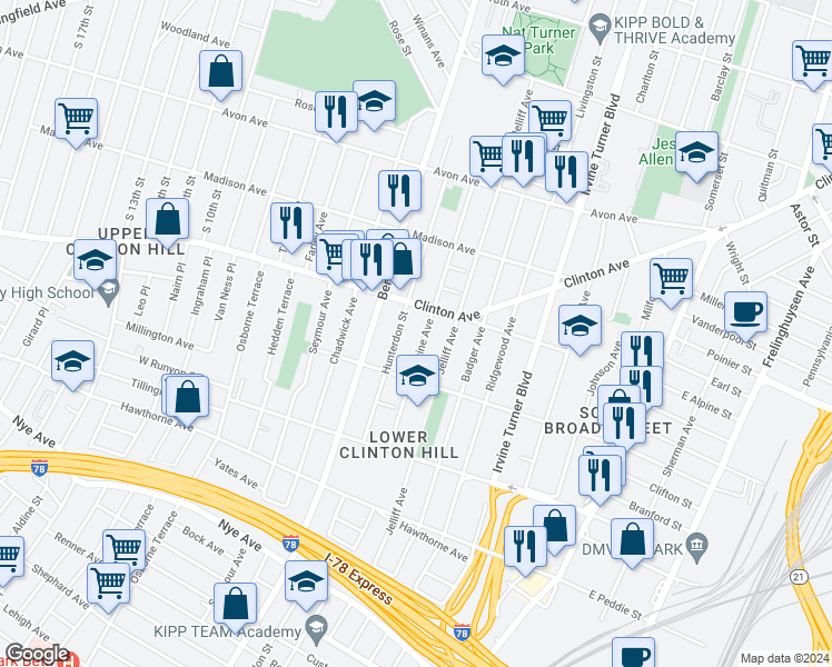 map of restaurants, bars, coffee shops, grocery stores, and more near 207 Peshine Avenue in Newark