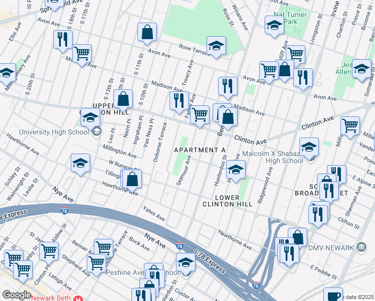map of restaurants, bars, coffee shops, grocery stores, and more near 534-544 Clinton Avenue in Newark