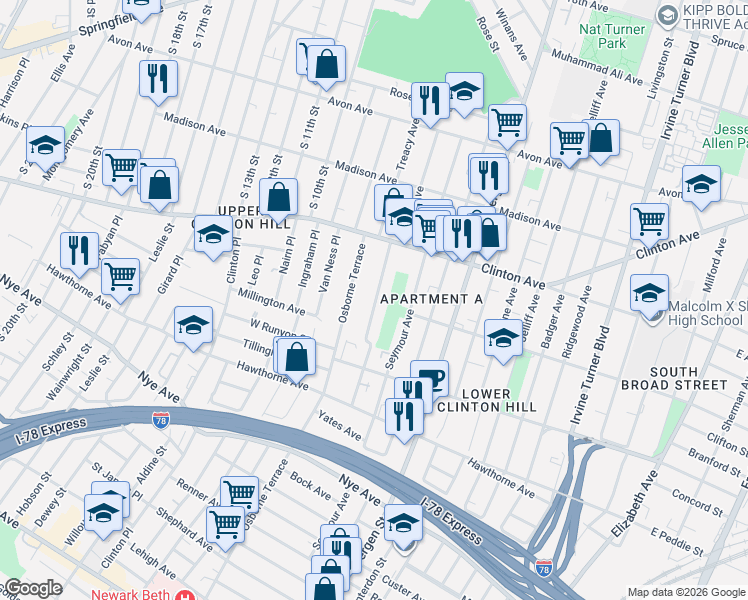 map of restaurants, bars, coffee shops, grocery stores, and more near 54-56 Osborne Terrace in Newark
