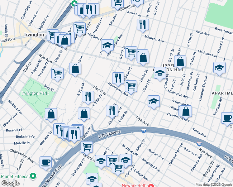 map of restaurants, bars, coffee shops, grocery stores, and more near 554 Hawthorne Avenue in Newark