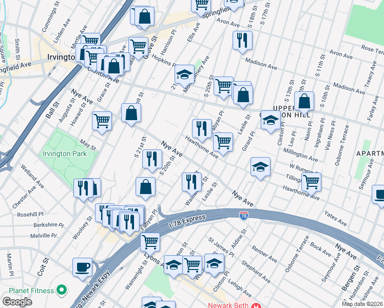 map of restaurants, bars, coffee shops, grocery stores, and more near in Newark