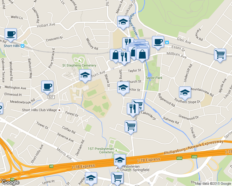 map of restaurants, bars, coffee shops, grocery stores, and more near 92 Rector Street in Millburn