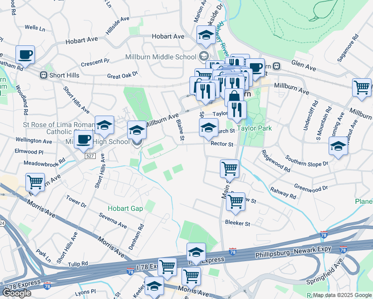 map of restaurants, bars, coffee shops, grocery stores, and more near 92 Rector Street in Millburn
