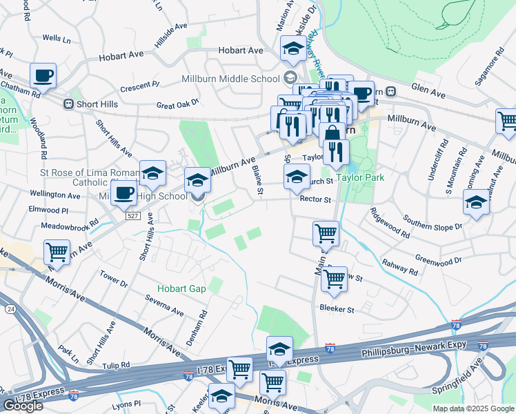map of restaurants, bars, coffee shops, grocery stores, and more near 92 Rector Street in Millburn