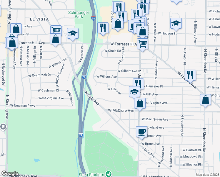 map of restaurants, bars, coffee shops, grocery stores, and more near 1601 W Gift Ave in Peoria