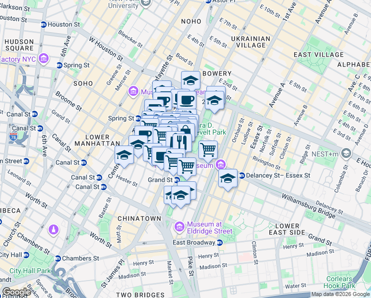 map of restaurants, bars, coffee shops, grocery stores, and more near 16 Delancey Street in New York