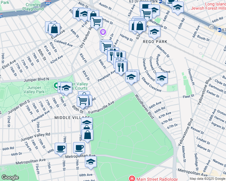 map of restaurants, bars, coffee shops, grocery stores, and more near 64-46 84th Street in Queens
