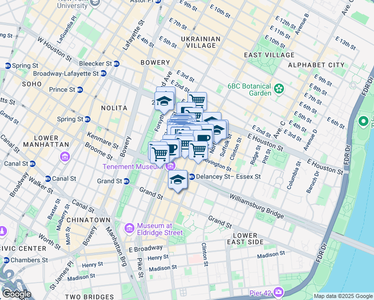 map of restaurants, bars, coffee shops, grocery stores, and more near 143 Ludlow Street in New York