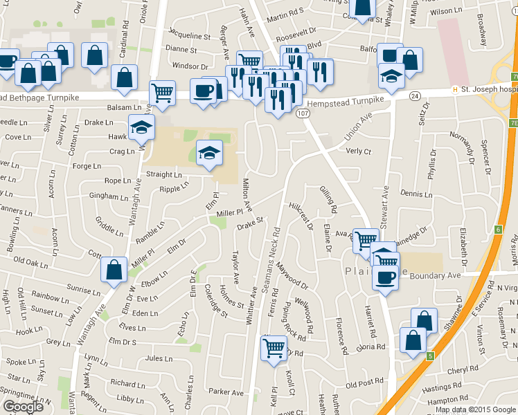 map of restaurants, bars, coffee shops, grocery stores, and more near 3900 Miller Place in Levittown