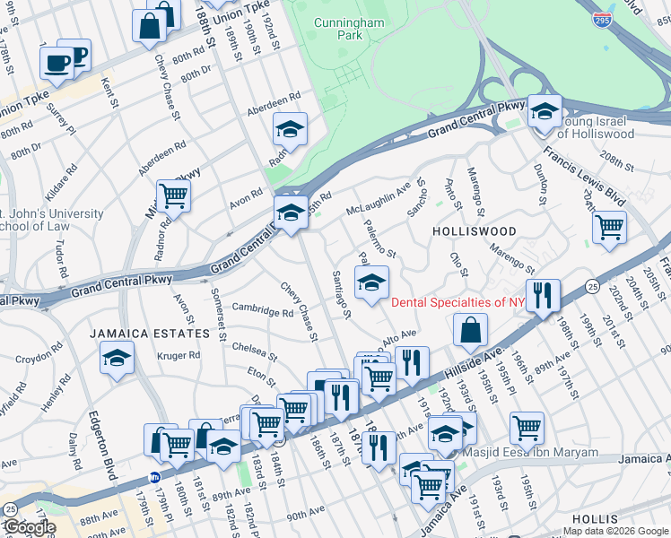 map of restaurants, bars, coffee shops, grocery stores, and more near 190-06 Nero Avenue in Queens